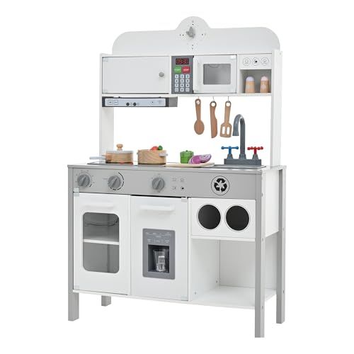 おままごと キッチン ヨーロピアンシェフ風 10点 木製 台所 食材 卵 魚 トマト 調理器具付き 調味料 知育玩具 コンロ 電子レンジ 家事 おもちゃ キッズ ベビー プレゼント D ホワイト p f 3085 e 3 a