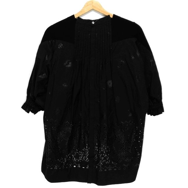 Sacai サカイ 七分袖カットソー サイズ1 S レディース - 21-05700 黒 異素材切替え パンチング