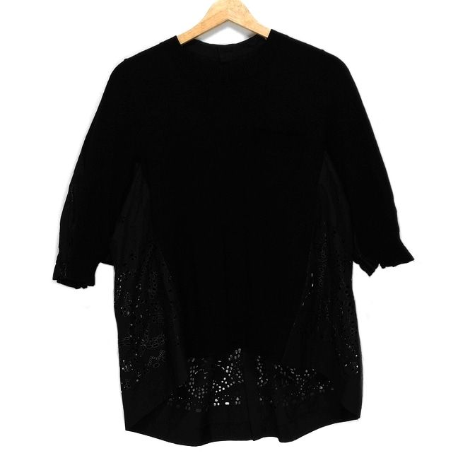 Sacai サカイ 七分袖カットソー サイズ1 S レディース - 21-05700 黒 異素材切替え パンチング