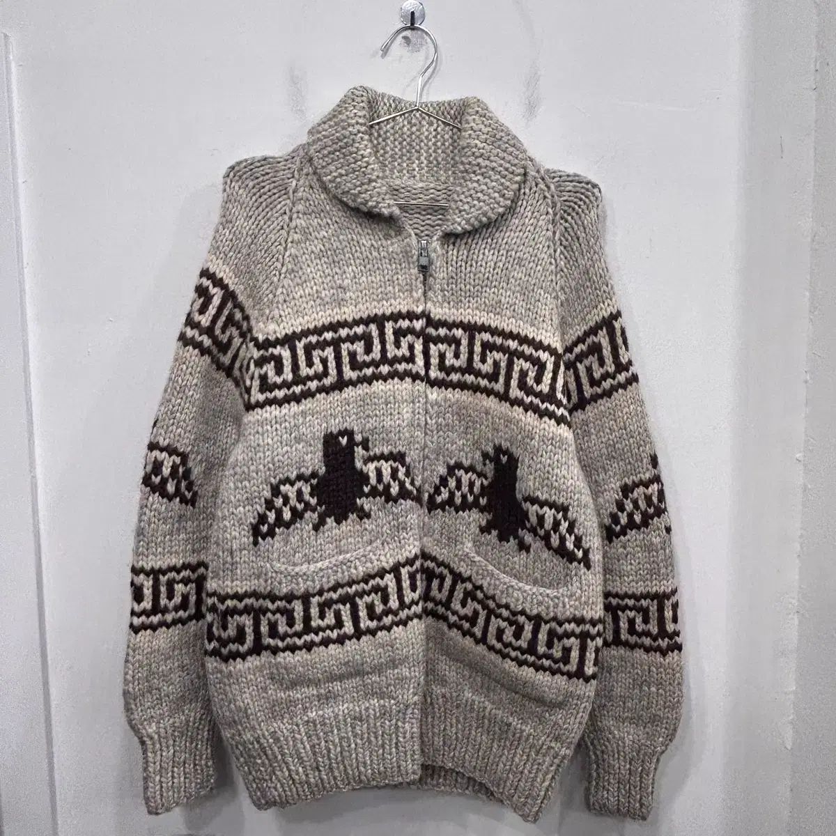 ハンドメイド ヘビーウール ショールカラー カウチンニットジップ