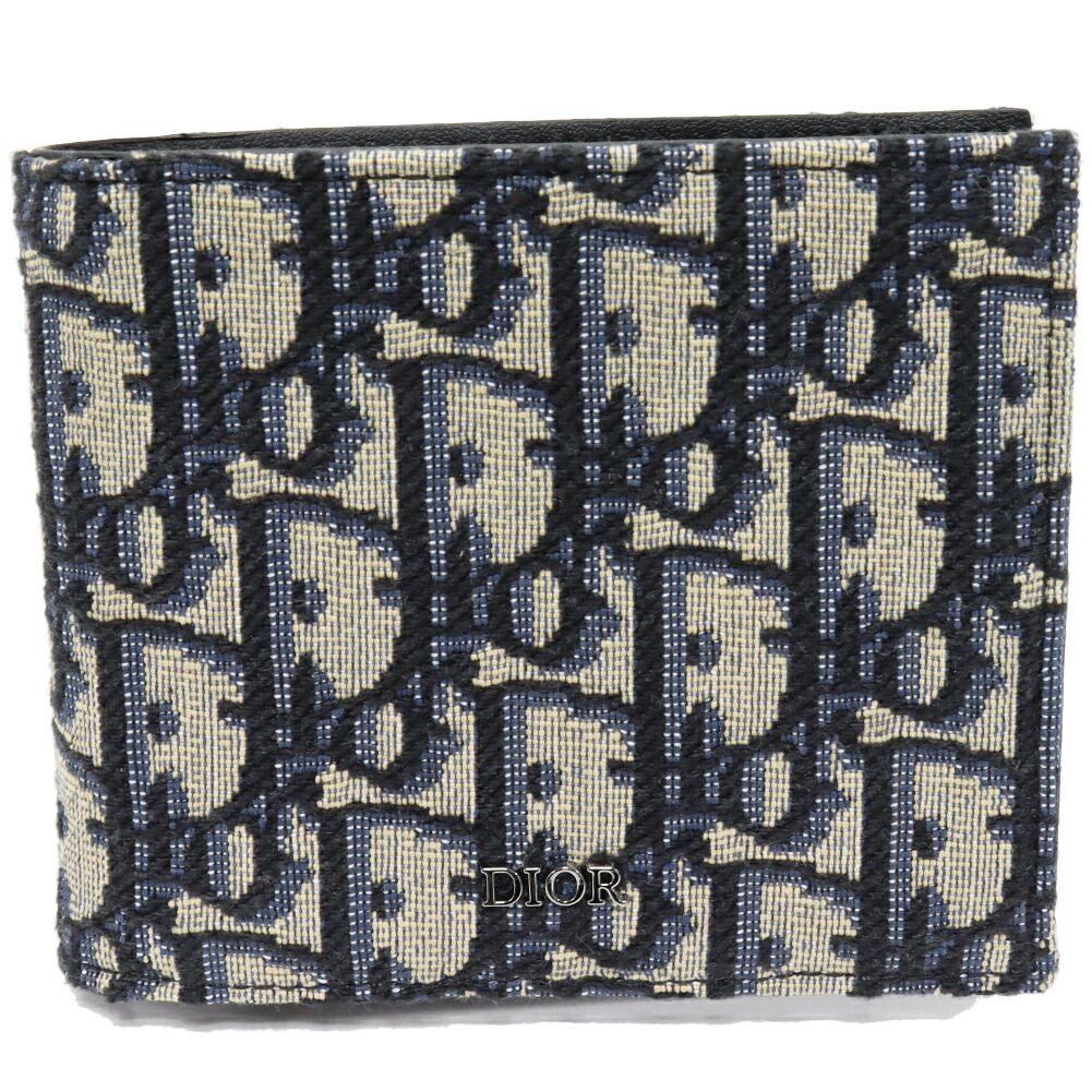 ディオール 二つ折り財布 小銭入れあり オブリーク コインケース付ウォレット キャンバスxラムスキン ネイビーxベージュ _H 05 E
