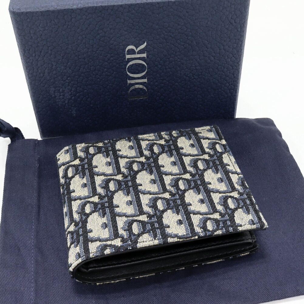 ディオール 二つ折り財布 小銭入れあり オブリーク コインケース付ウォレット キャンバスxラムスキン ネイビーxベージュ _H 05 E