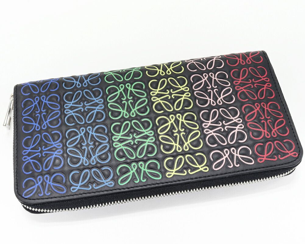 ロエベ ラウンドファスナー長財布 小銭入れあり アナグラム リピート カーフ ブラックxレインボーマルチ 109.11.T 12