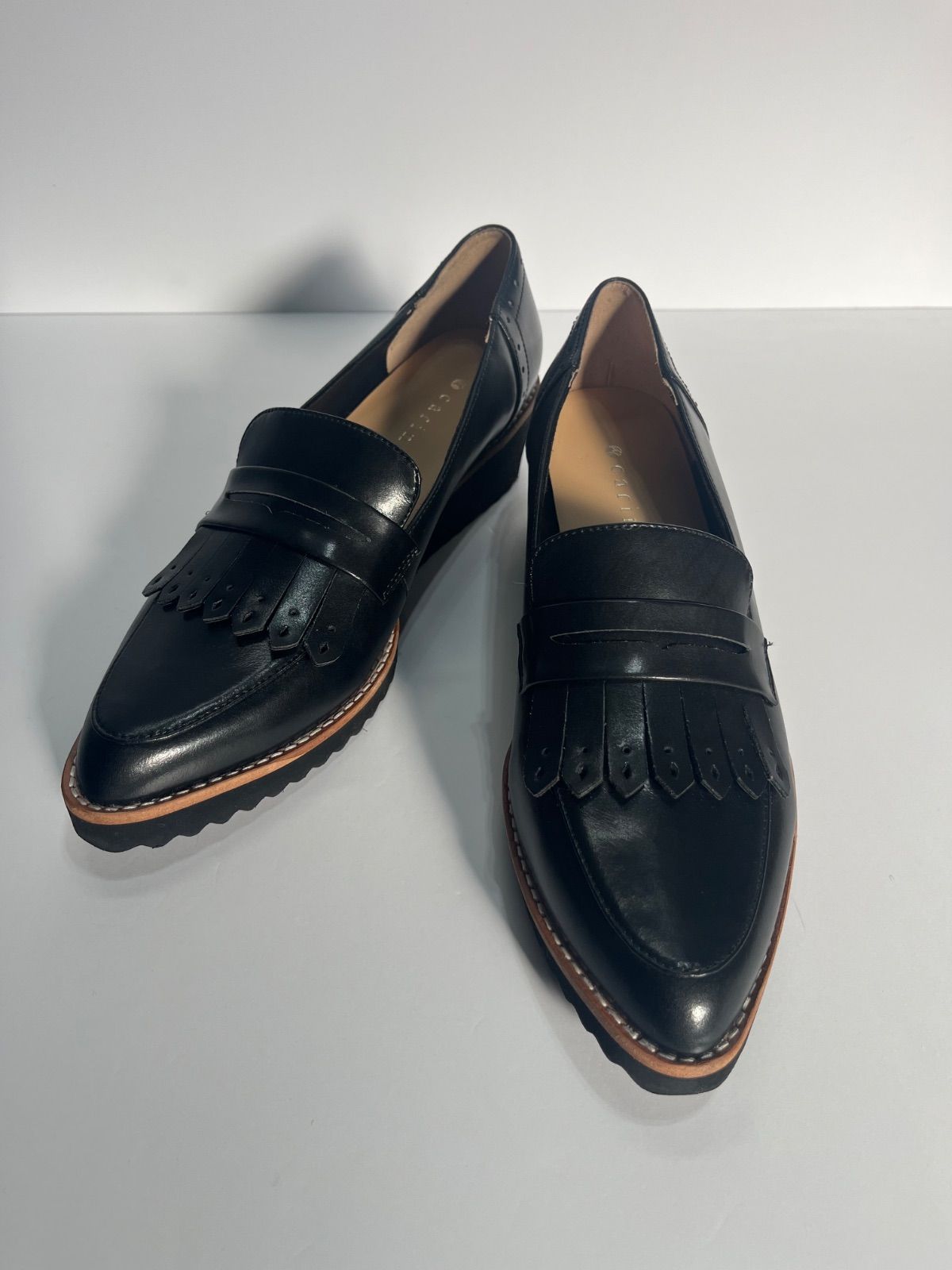 モード エ ジャコモ カリーノ フリンジ 黒レザー ローファー 24 cm