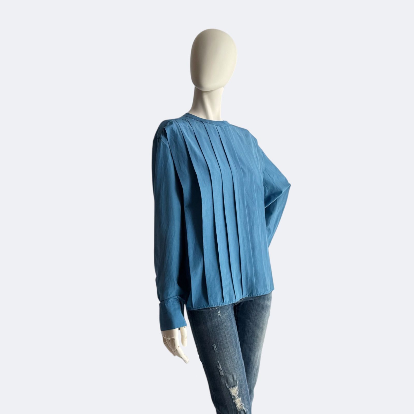 BLAMINK ブラミンク フロントプリーツ ブラウス 36 ブルー シルク混