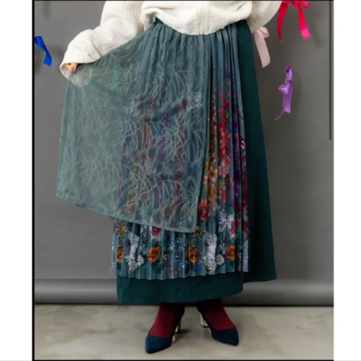 iS ScoLar チュールスカート×花柄×プリーツスカート