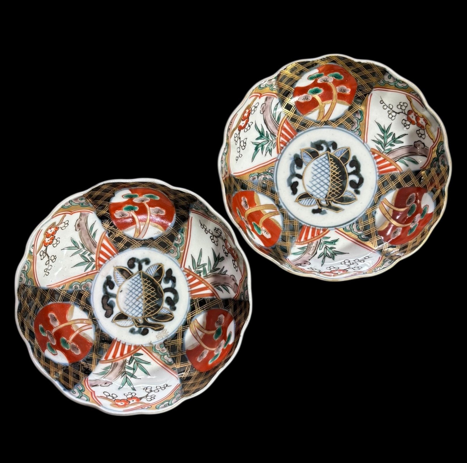 2客セット】 古伊万里 錦手 なます皿 江戸期 松竹梅図 色絵 丸皿 取り