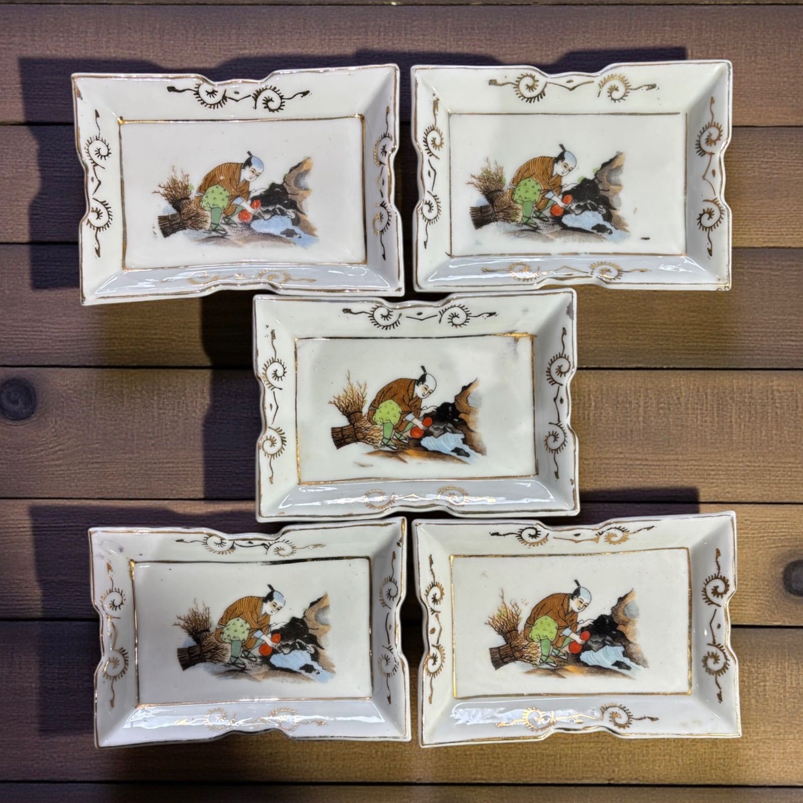 5客セット】 昭和前期 角皿 金彩人物図 刺身皿 色絵 平皿 取り皿 盛り