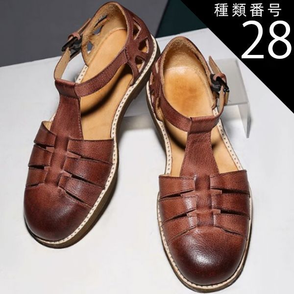 種類28 レッドブラウン 25.0 cm グラディエーターサンダル レディース メンズ ソフトニットレトロチャンキーバックルシューズ 本革 牛革 バックル留め レッド ブラウン ブラック