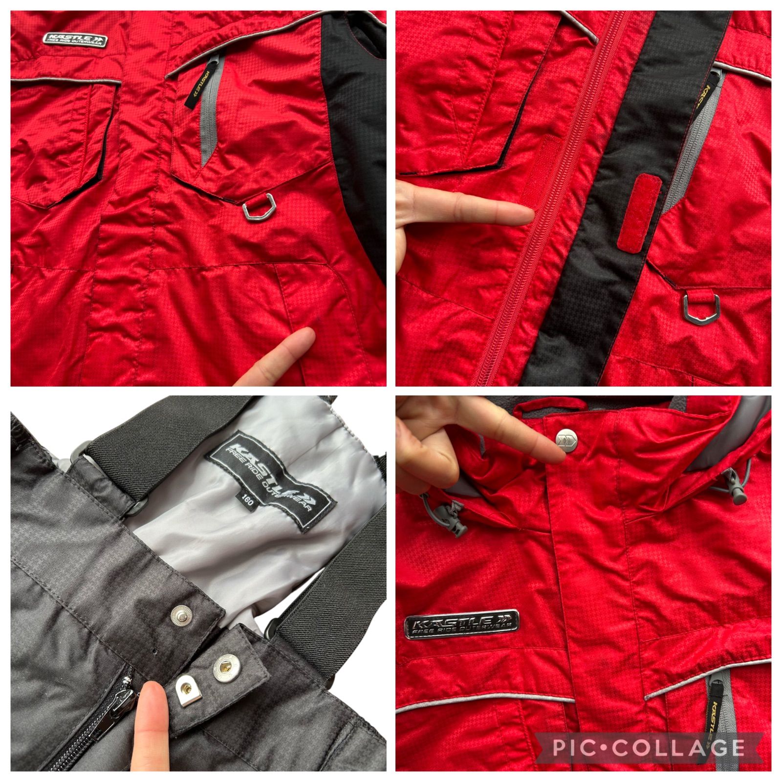 KASTLE☆スキーウェア サイズ調整可 男の子 撥水加工 上下セット 赤×黒