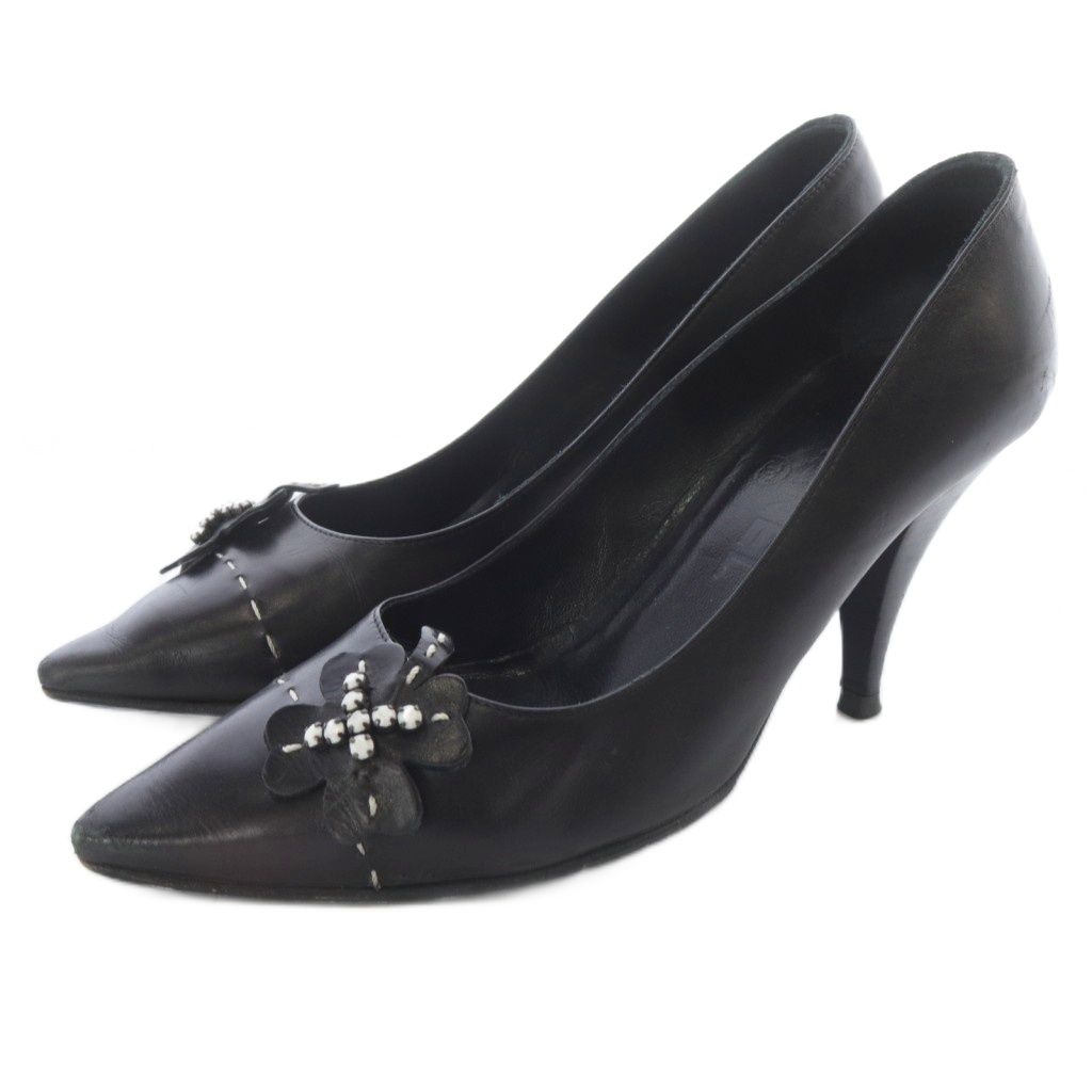 正規品　CHANEL ブラックレザーポインテッドトゥパンプス　サイズ36 シャネル CHANEL クローバーモチーフ レザー ポインテッドトゥ
