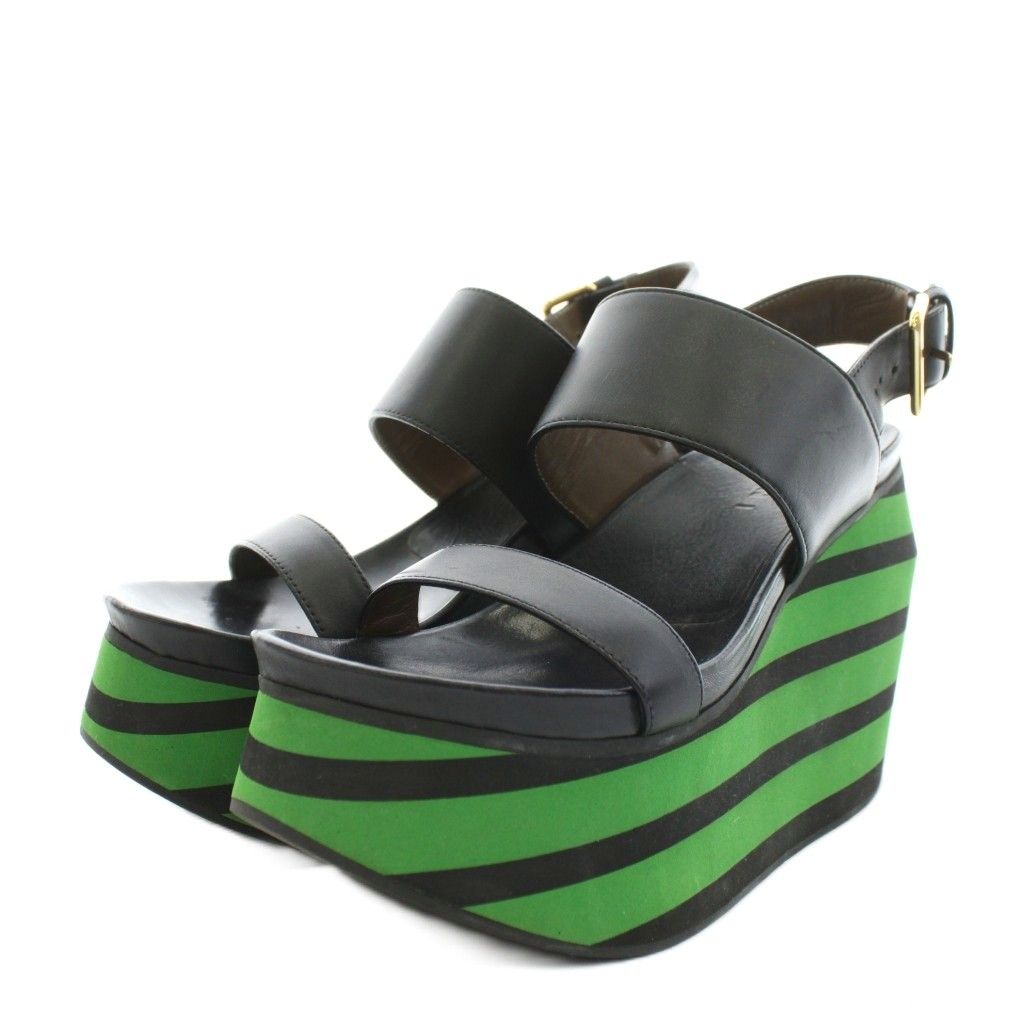 マルニ MARNI サンダル ウェッジソール ストラップ 37 黒 ブラック 緑