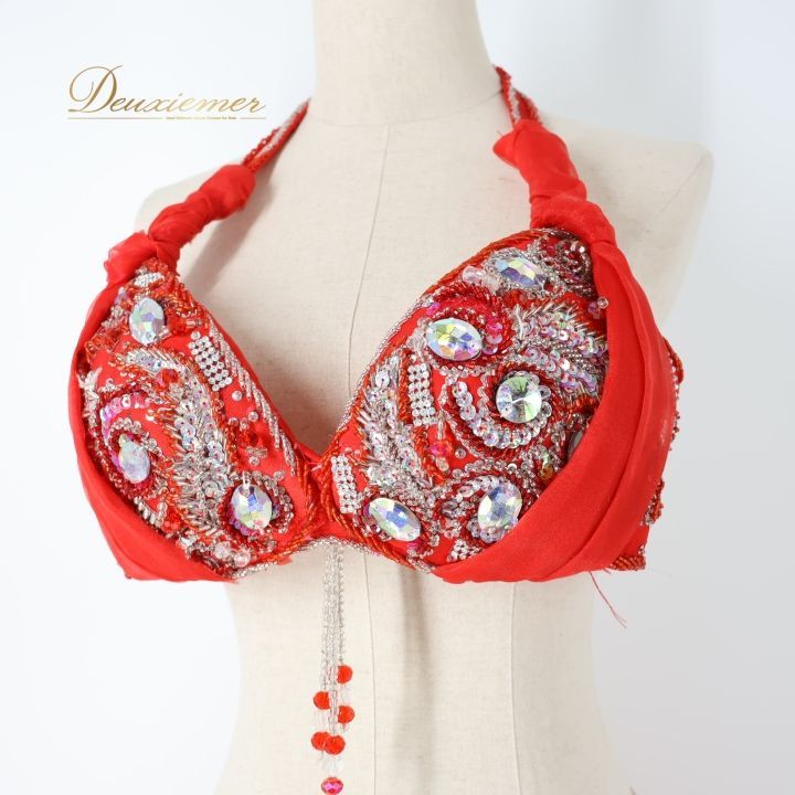 ベリーダンス オリエンタル 衣装 上下セット レッド系 トップス スカート アーム飾り 腕飾り ラインストーン ビーズ スパンコール キラキラ フリンジ 赤 豪華 装飾 ダンス衣装 スリット 鮮やか 華やか ゴージャス アーム シルバー系 ベージュ系