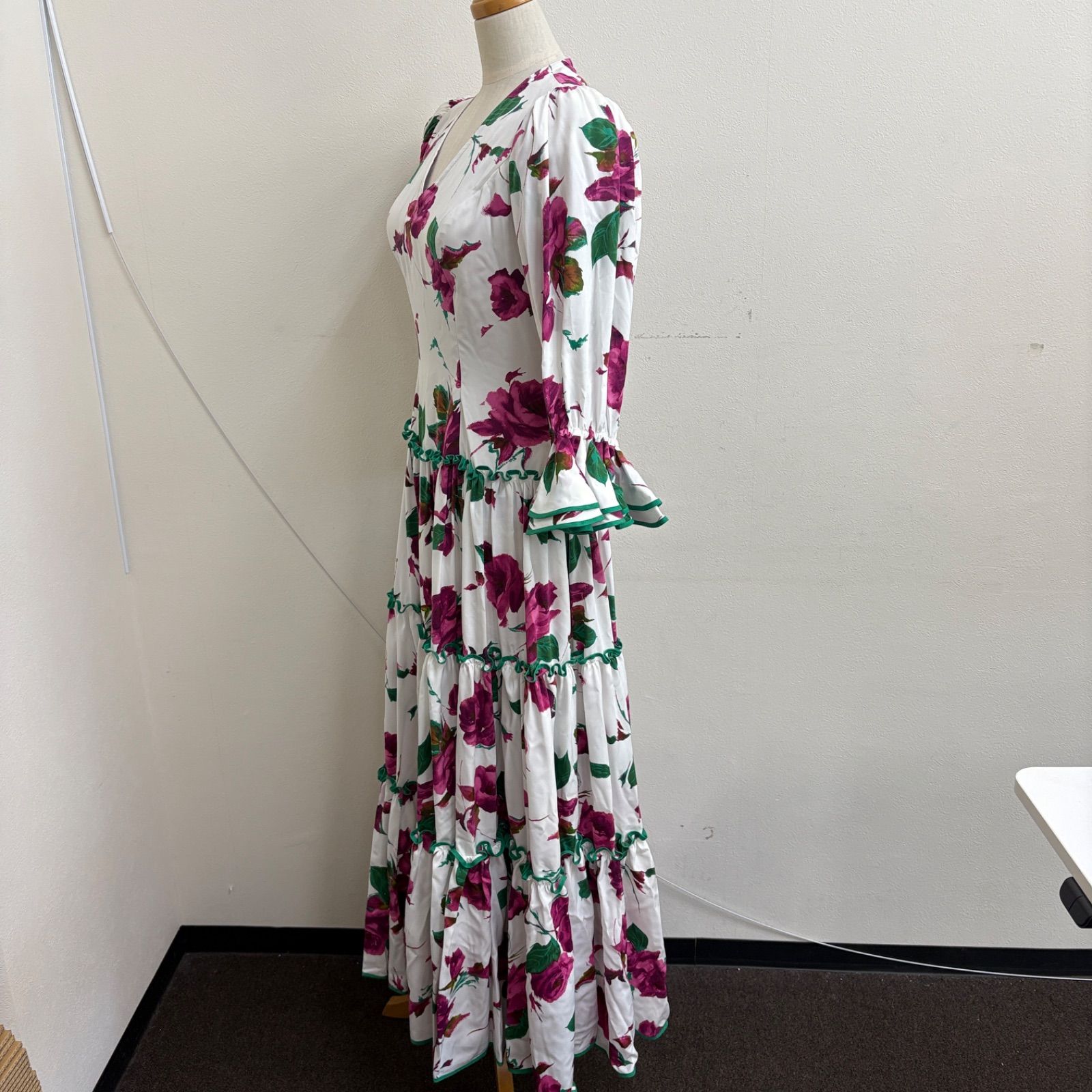 Chacott フラメンコ衣装 ドレス フリル ホワイト 紫 緑 花柄 七分袖