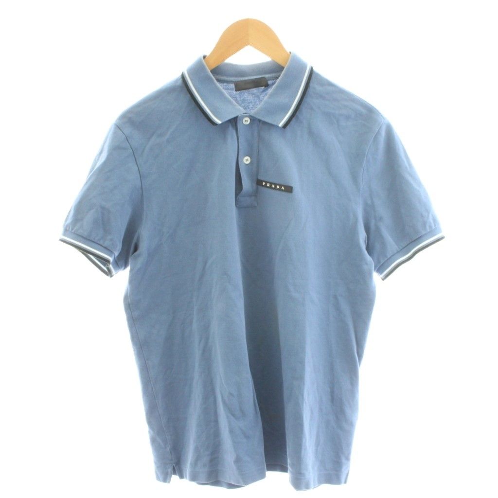 プラダ PRADA ポロシャツ 半袖 ロゴラバー コットン L 水色 ライトブルー SJN 256 AN 14