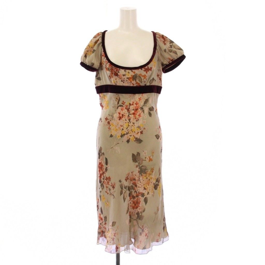 レッド ヴァレンティノ RED ROMA タイトワンピース ミモレ ロング 半袖 Uネック シアー シースルー 花柄 シルク 42 グレージュ BB