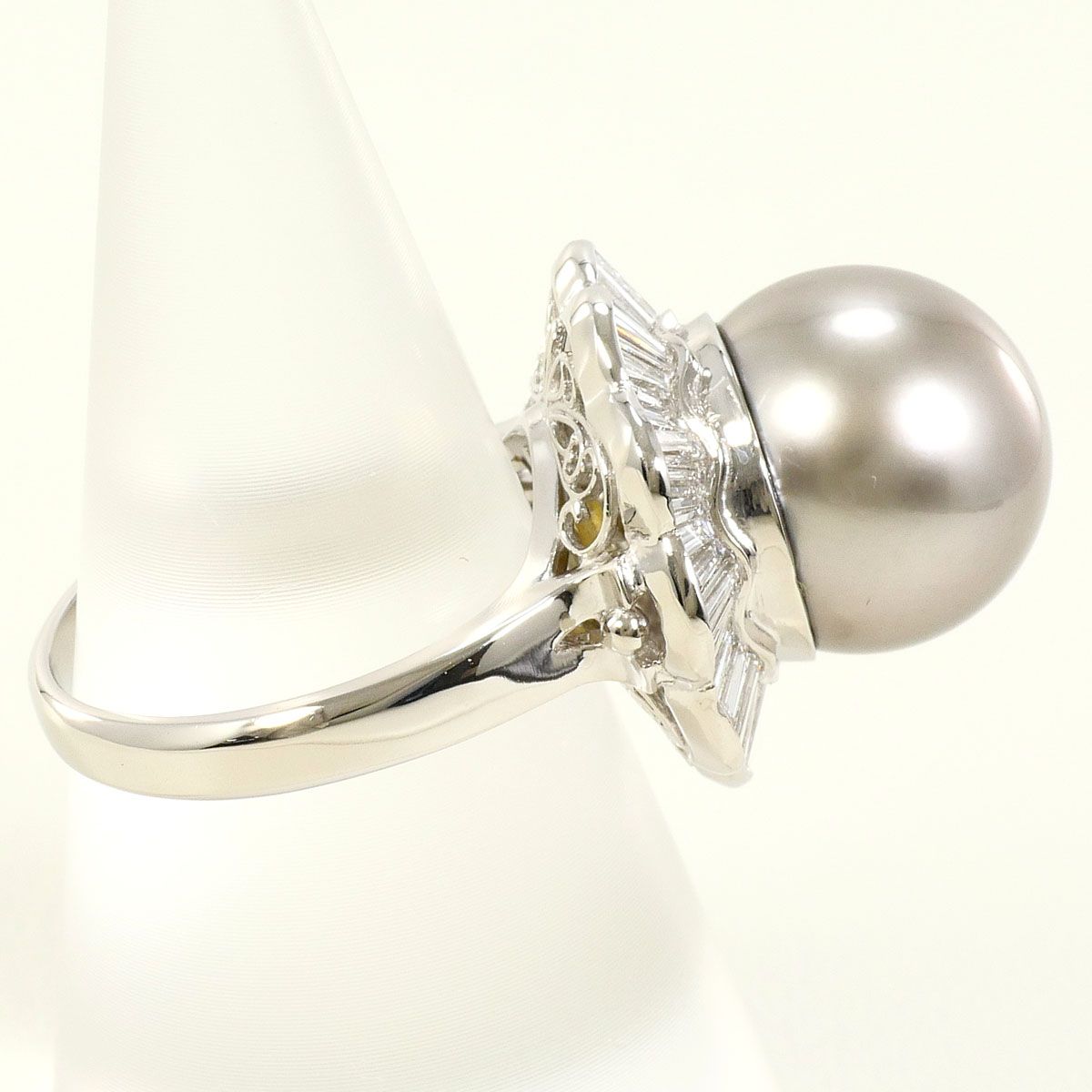 PT900/プラチナ リング・指輪 13号 黒蝶真珠 ダイヤモンド 1.2ct 鑑別