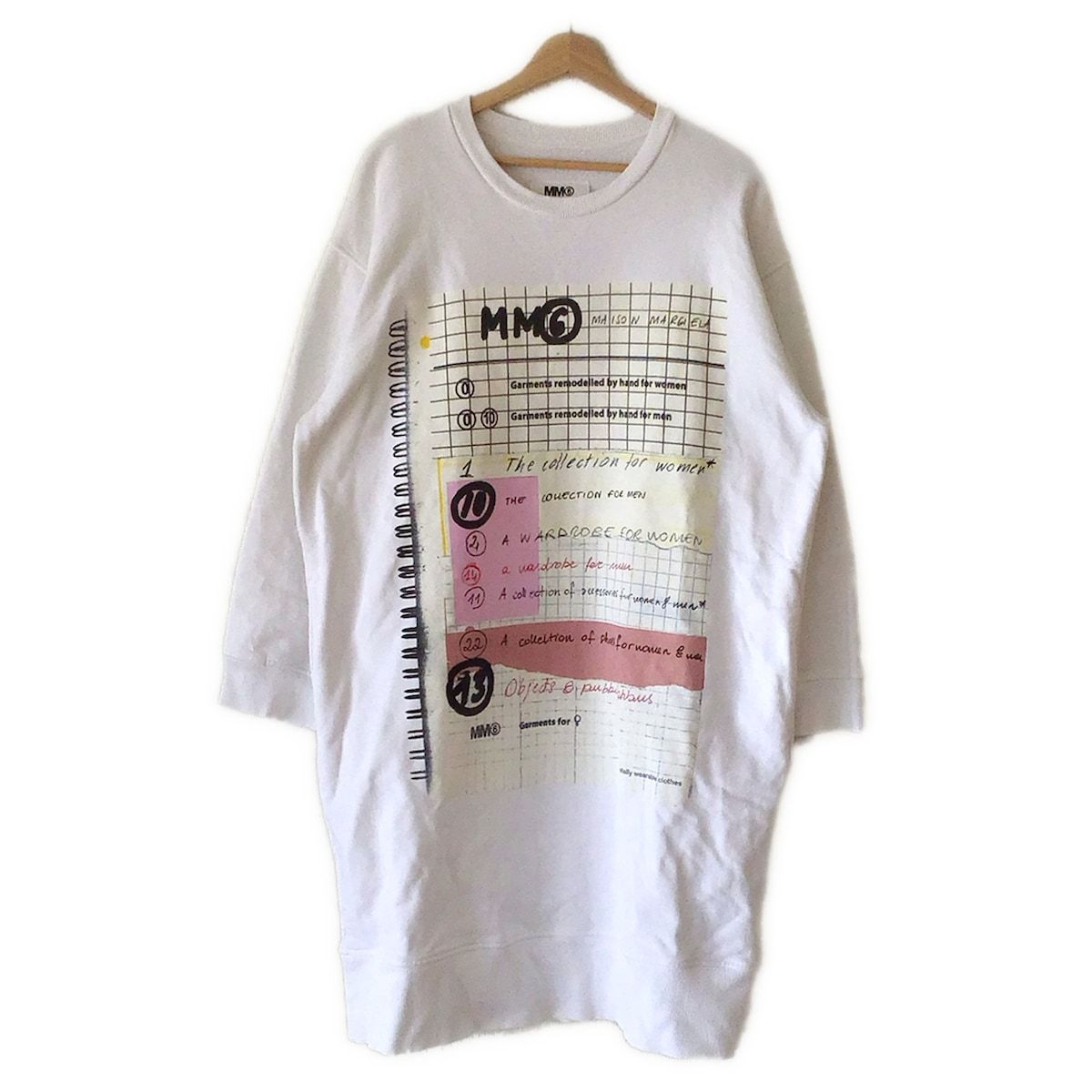 MM 6 エムエムシックス ワンピース サイズS レディース - 白×ピンク×マルチ クルーネック 長袖 ひざ丈 袖スリット