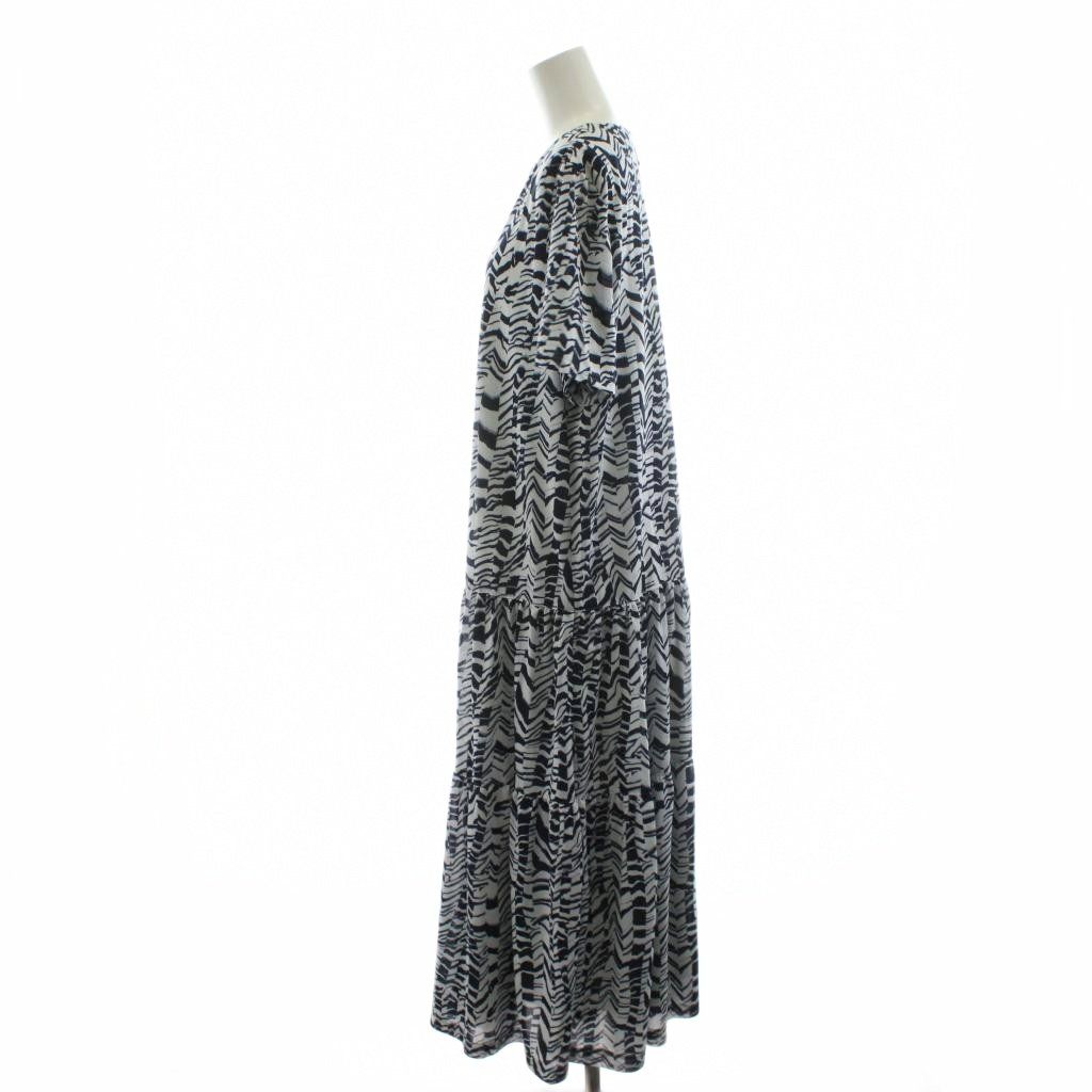 レリアン Leilian プリントティアード ワンピース ミモレ ロング 半袖 総柄 大きいサイズ 13 グレー 紺 ネイビー AN 31