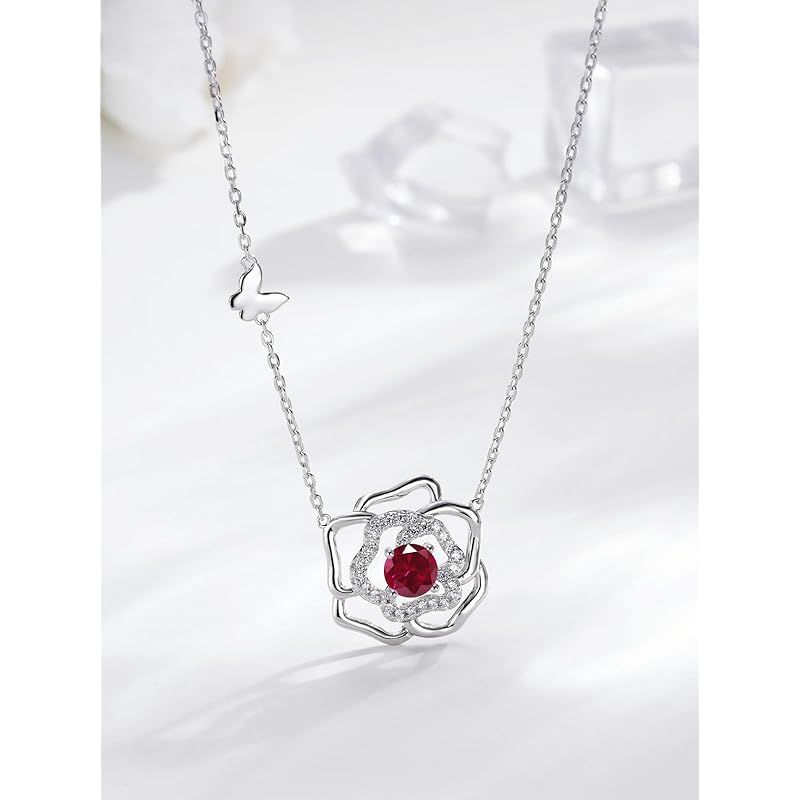 Gemlanto シルバー925 七月誕生石 ルビー ツバキの花 ネックレス レディース 18金メッキ ラッピング済み プレゼント ギフト