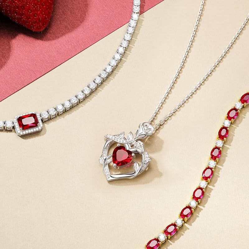 FANCIME ネックレス レディース Blossom Heart ハート ルビー 誕生石 オープンハート ローズ ジルコニア 純銀製 彼女 ホワイトディー プレゼント