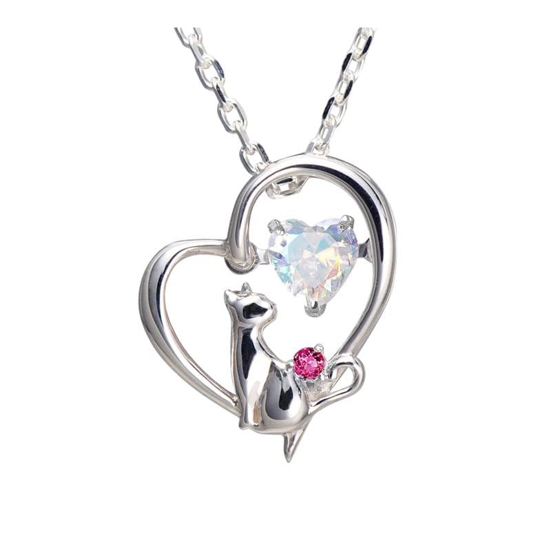 未来天使 WEB 色 ネックレス レディース ハート 猫 ダンシングストーン シルバー 選べる 誕生石 オーロラ ルビー