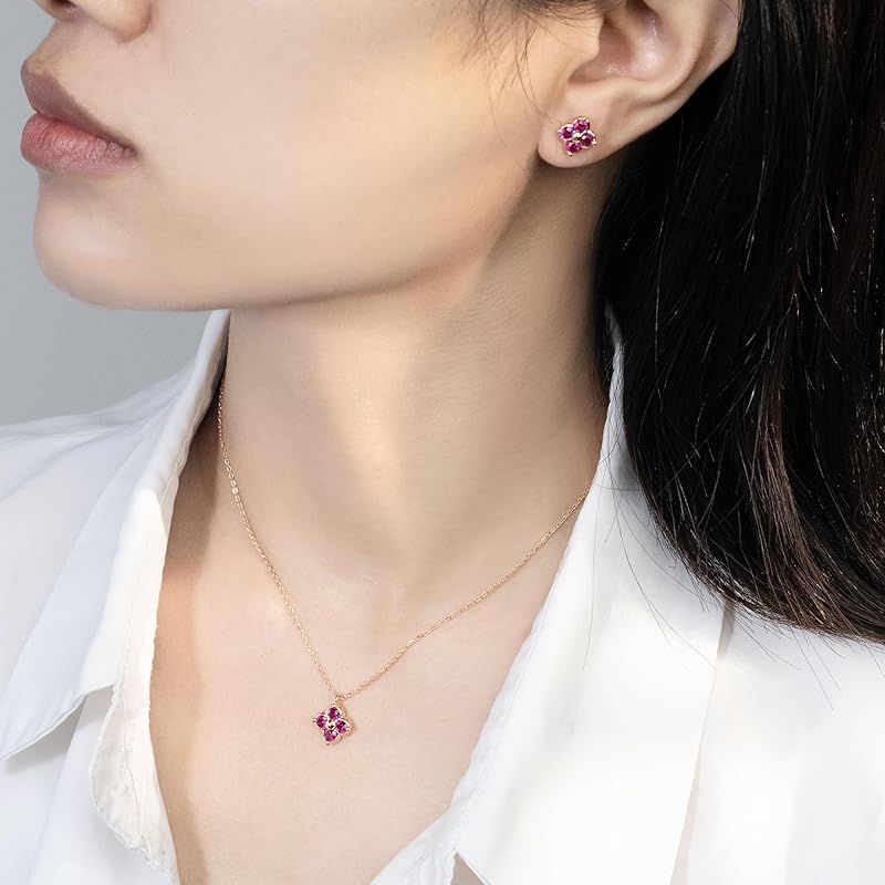 FH.bird ルビー ネックレス ピアス レディース クローバー 幸運のお守りです シルバー925 金属アレルギー対応ネックレス ペンダント 誕生石 プレゼント女性 プレゼント