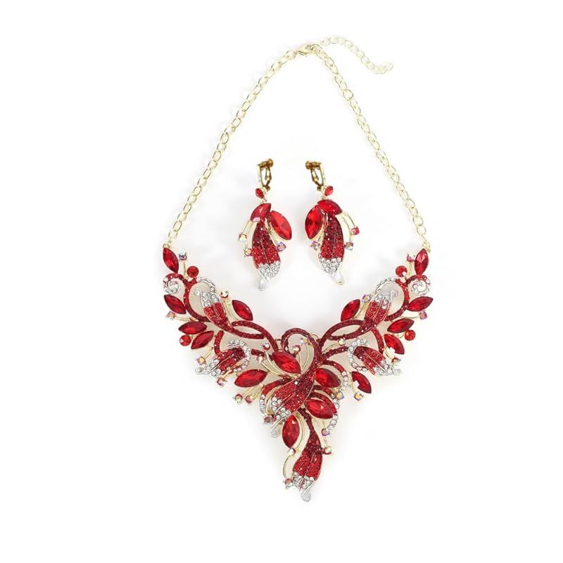 ＫＫ Ｓｏｌｉｓ 日本 検品 ネックレス イヤリング セット 国産コンバーター使用 シリコンパッド付き 結婚式 パーティー 演奏会 発表会 舞台 ナイトフォーマル 大ぶり 豪華 高見えPhoenix Plume Collection ルビー