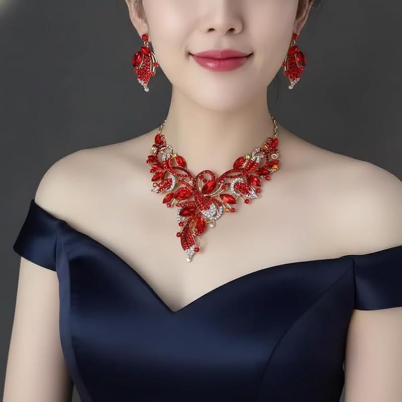 ＫＫ Ｓｏｌｉｓ 日本 検品 ネックレス イヤリング セット 国産コンバーター使用 シリコンパッド付き 結婚式 パーティー 演奏会 発表会 舞台 ナイトフォーマル 大ぶり 豪華 高見えPhoenix Plume Collection ルビー