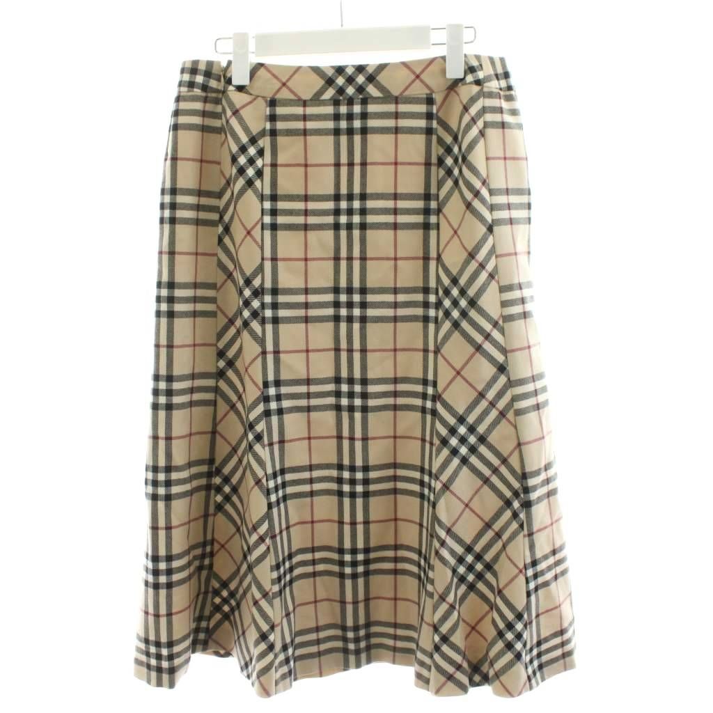 バーバリー ロンドン LONDON フ スカート ひざ丈 チェック柄 ウール 15 BR ベージュ FX 128-005-14 AN 23