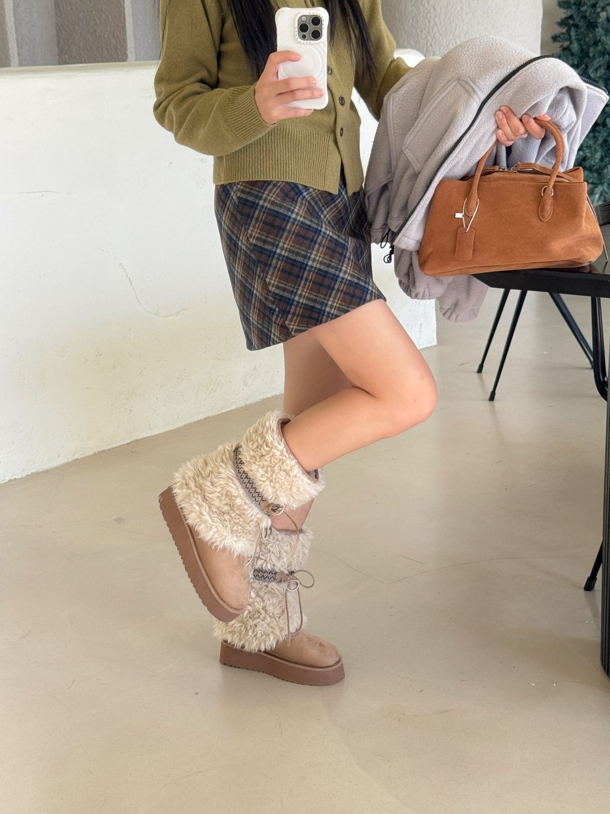  CA 9191 털복숭이 エコーファー タスマン インディアン 柄 フラットフォーム 厚底 アグ ブーツ ワークブーツ ブーツ