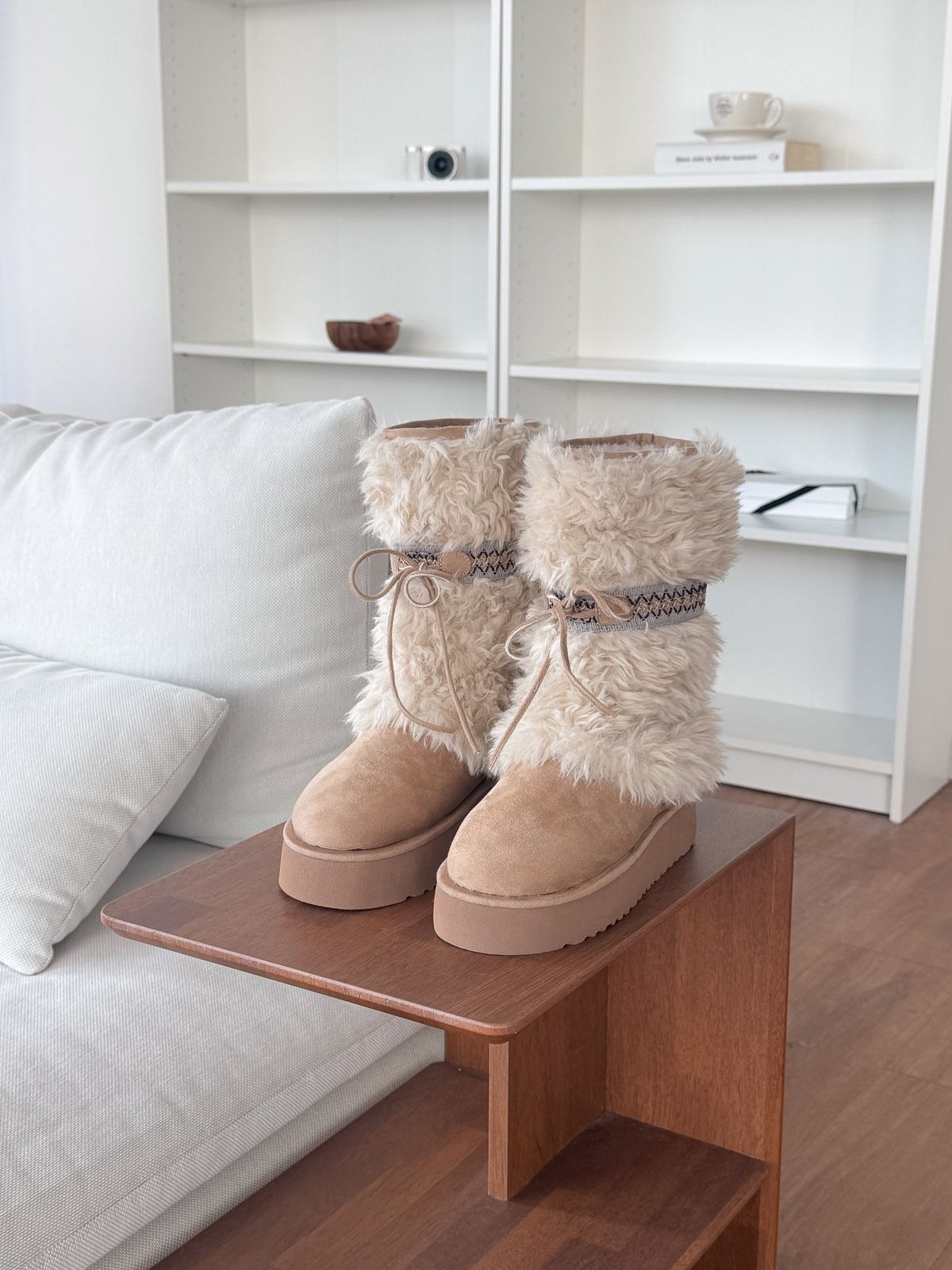 CA 9191 털복숭이 エコーファー タスマン インディアン 柄 フラットフォーム 厚底 アグ ブーツ