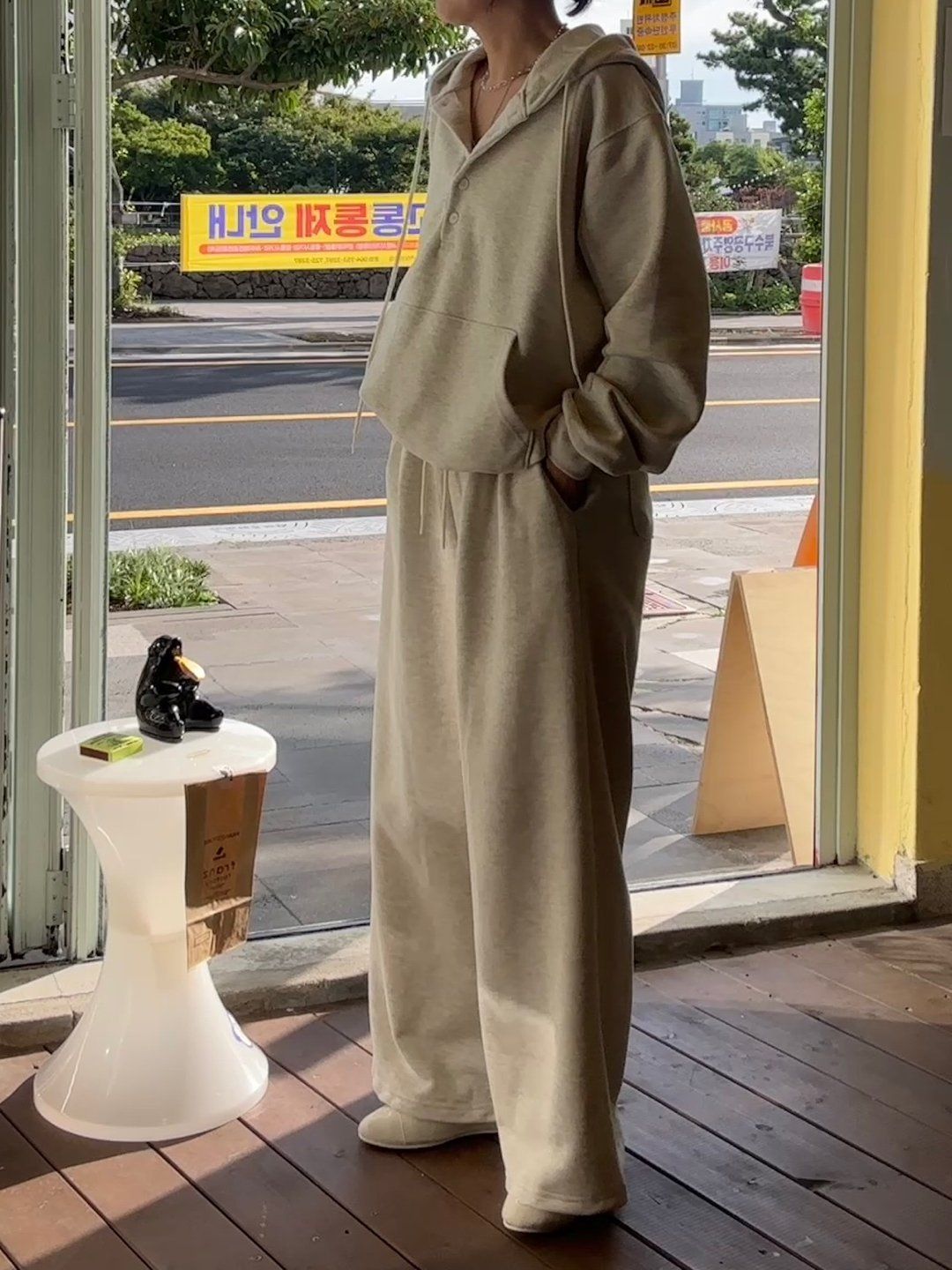 両面起毛 ルーズ フード ボタン セット