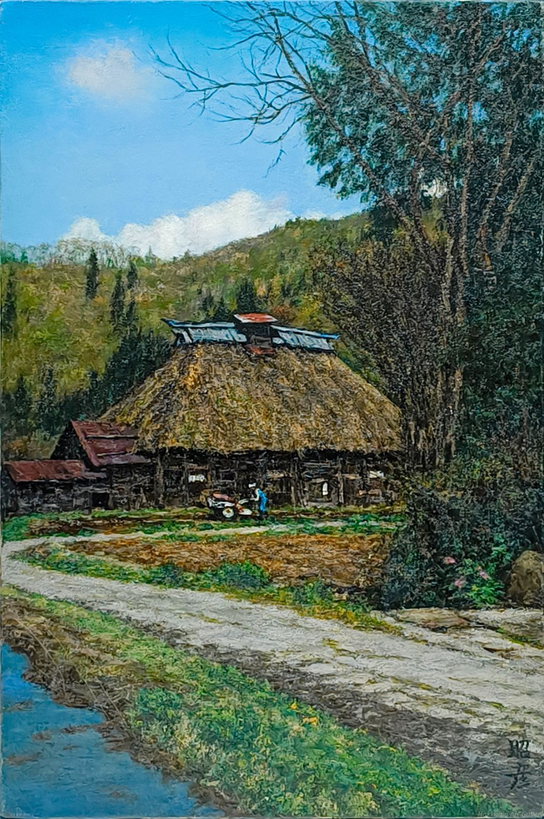  矢ヶ部昭彦 民家風景 油絵 油彩画 絵画 絵画 美術品 アンティーク コレクション