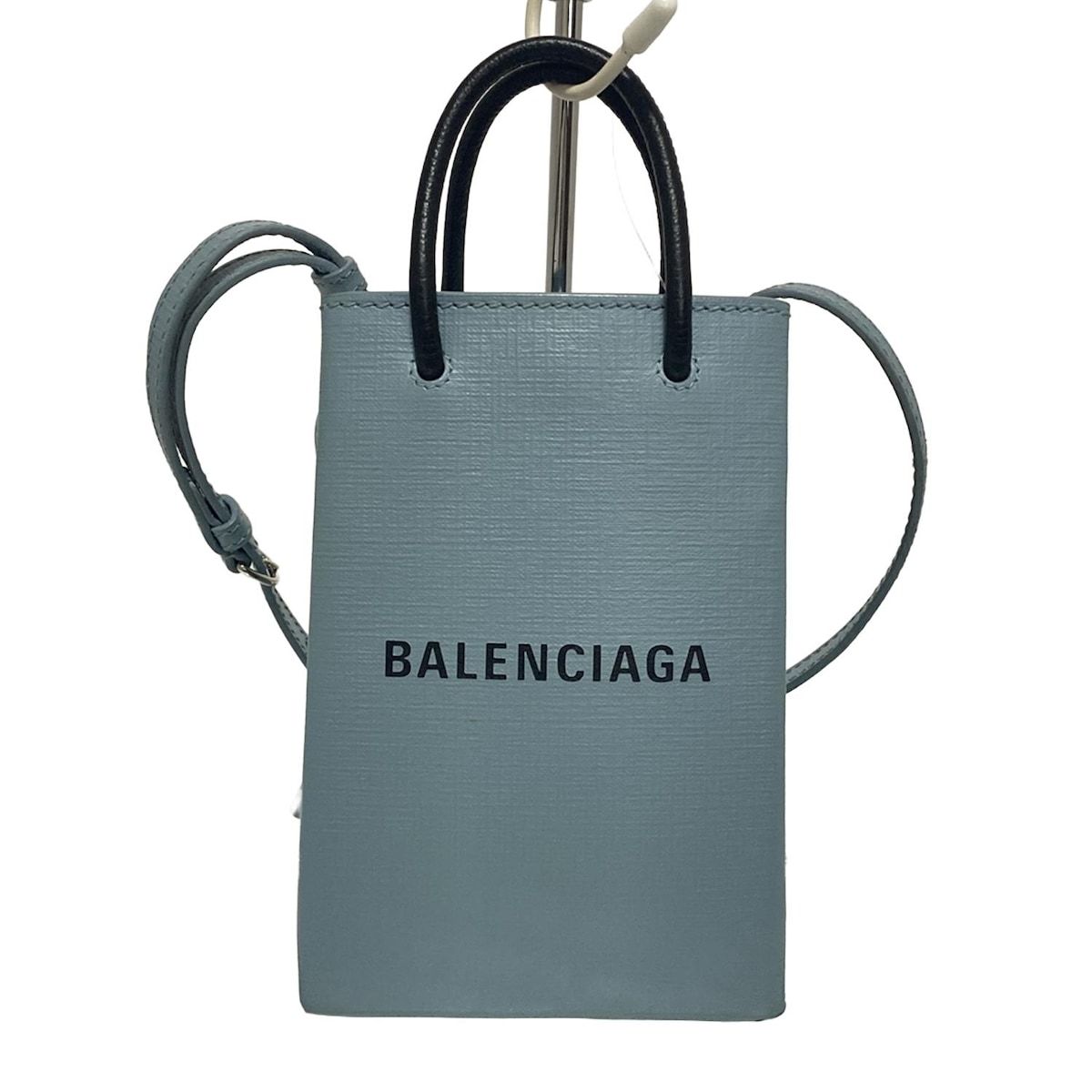 バレンシアガ ショルダーバッグ ショッピングフォンホルダー 593826 ライトブルー レザー