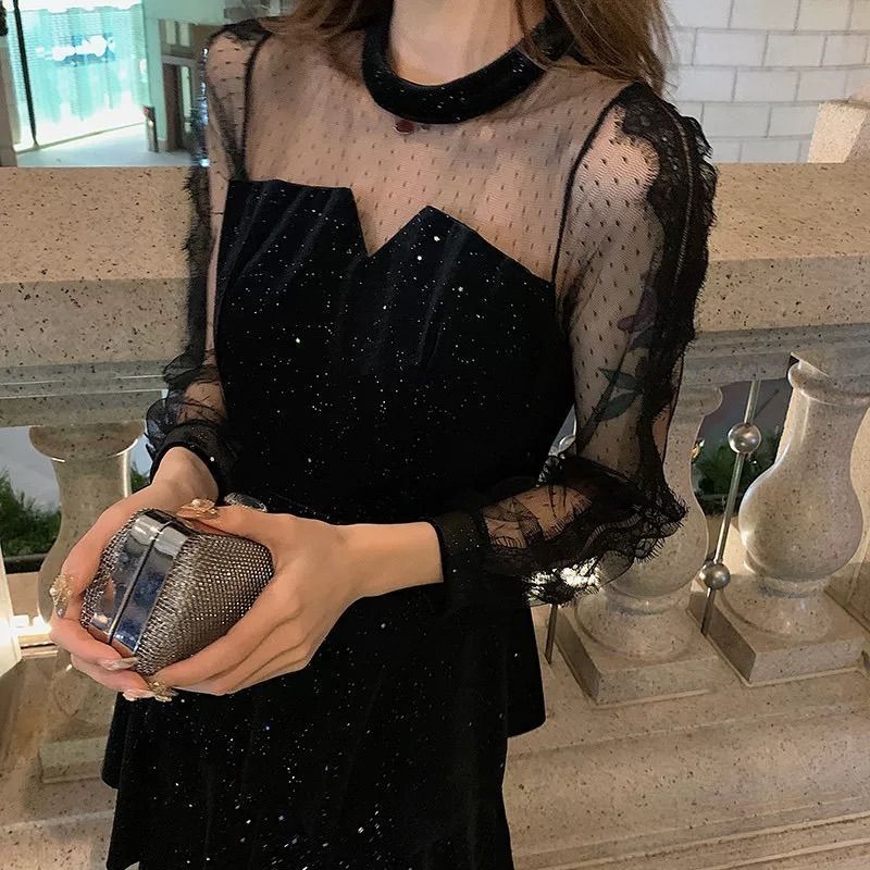 ベロア ロングワンピース 長袖 シースルー 結婚式 パーティードレス お呼ばれ