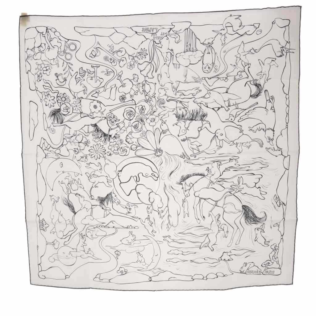 エルメス HERMES スカーフ カレ90 MILLE ET UN LAPINS 千と一のウサギ シルク ホワイト YO 7 OH