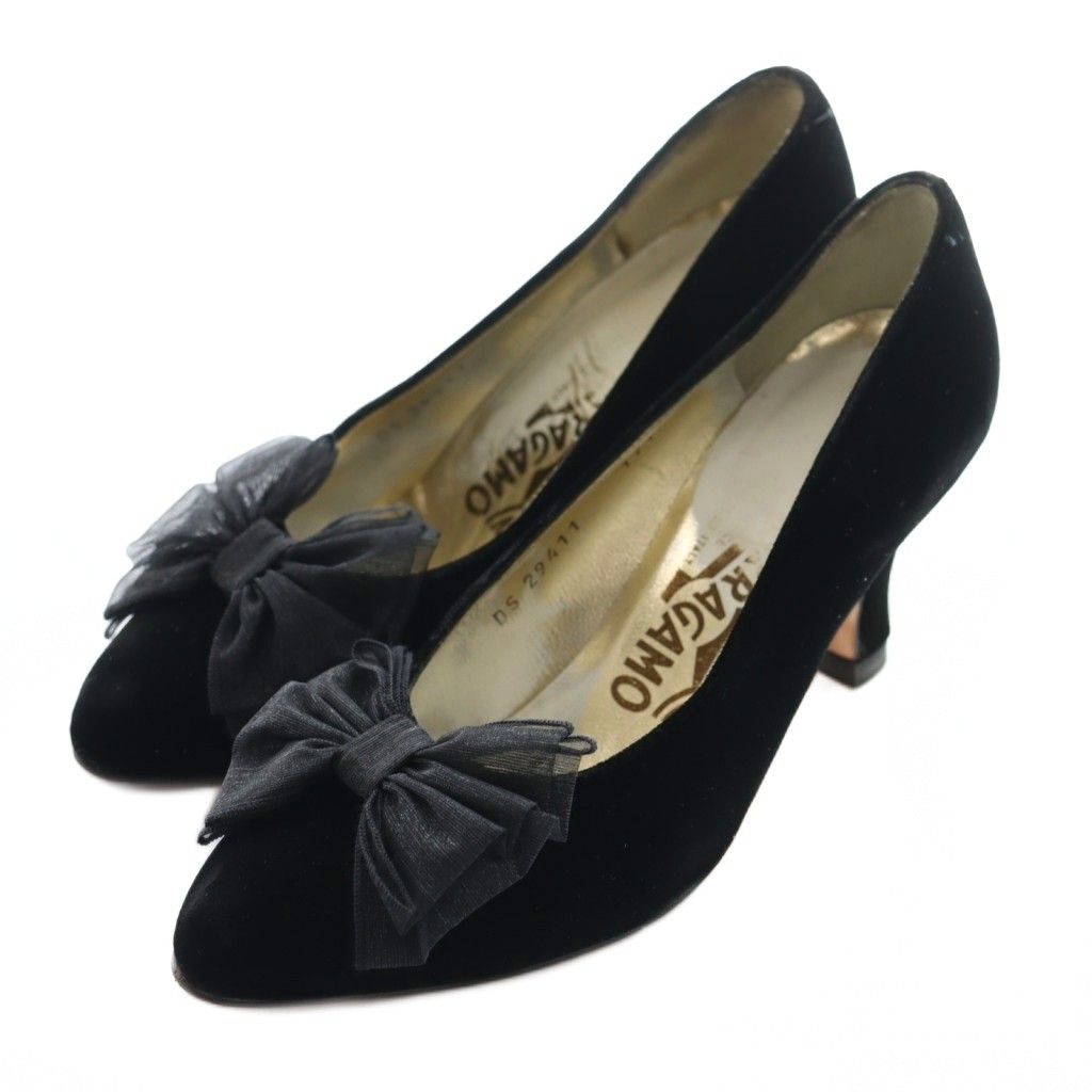 サルヴァトーレフェラガモ Salvatore Ferragamo パンプス ベロア 5.5 黒 ブラック リボン AQ OS
