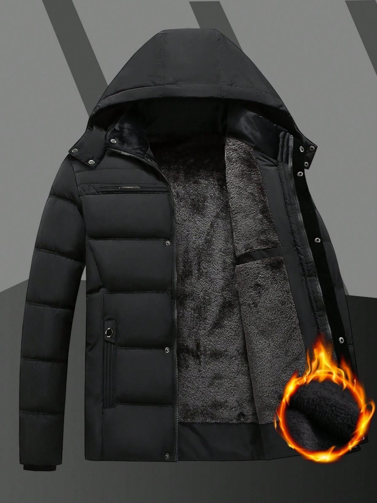 Manfinity Homme メンズ ソリッドカラー フード付き 長袖 中綿入りジャケット、秋冬用