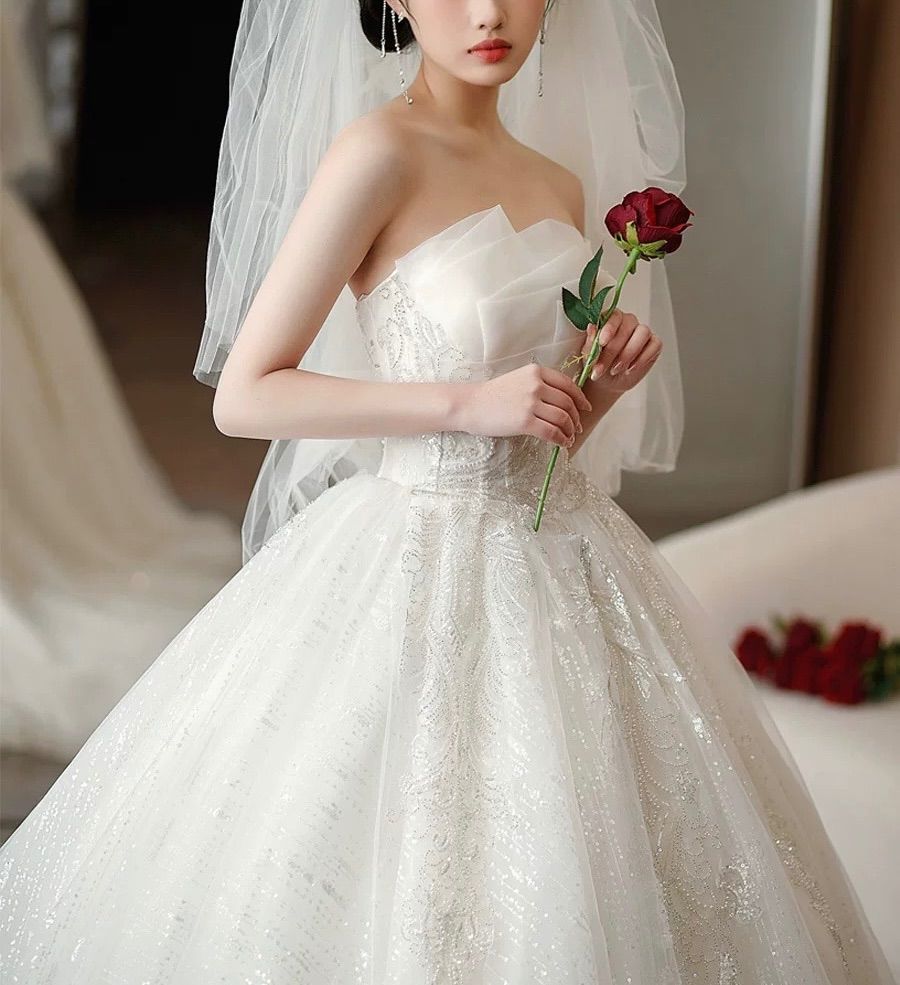  ウェディングドレス 結婚式 前撮り 二次会 韓国ドレス レース刺繍 ロングトレーン ウェディングドレス ドレス ブライダル