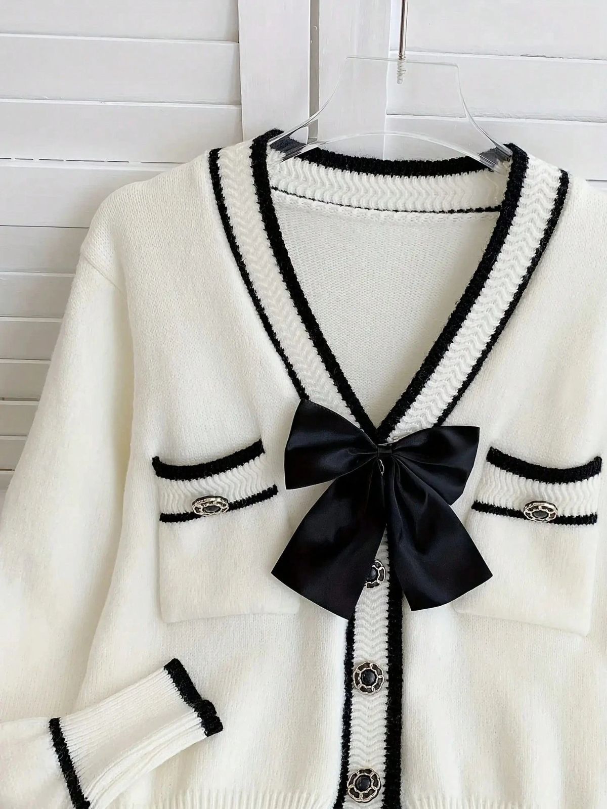  ニートカーディガン レーディス エレガント リボンディテール付き Vネック 長袖 ストライプ レディース ファッションセーター 春_秋用 美しい バタフライノット ボタンデザイン その他 トップス