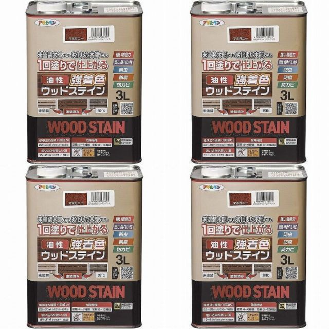 アサヒペン 油性強着色ウッドステイン マホガニー 3 L 4缶セット