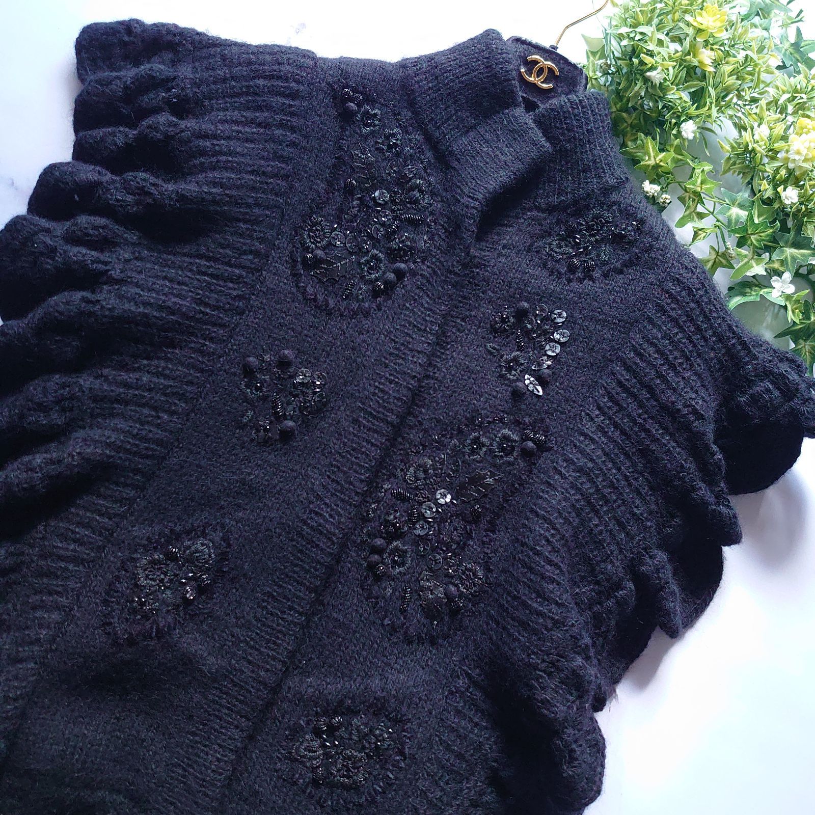 ケイタマルヤマ アルパカ ビーズ フリル ニットコート 半袖 1 S ハイネック