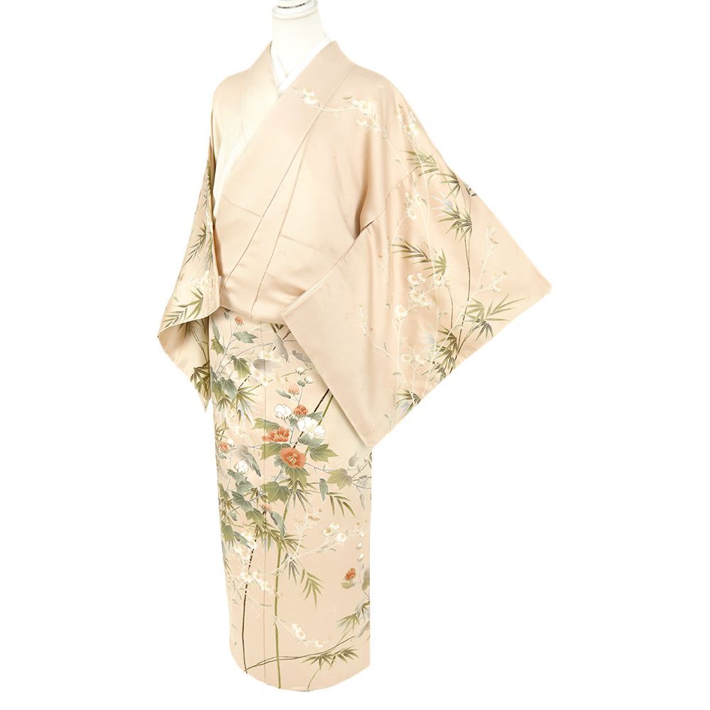 訪問着 正絹 七五三 ピンクベージュ 芙蓉 菊 笹 紗綾形 金駒刺繍 新古