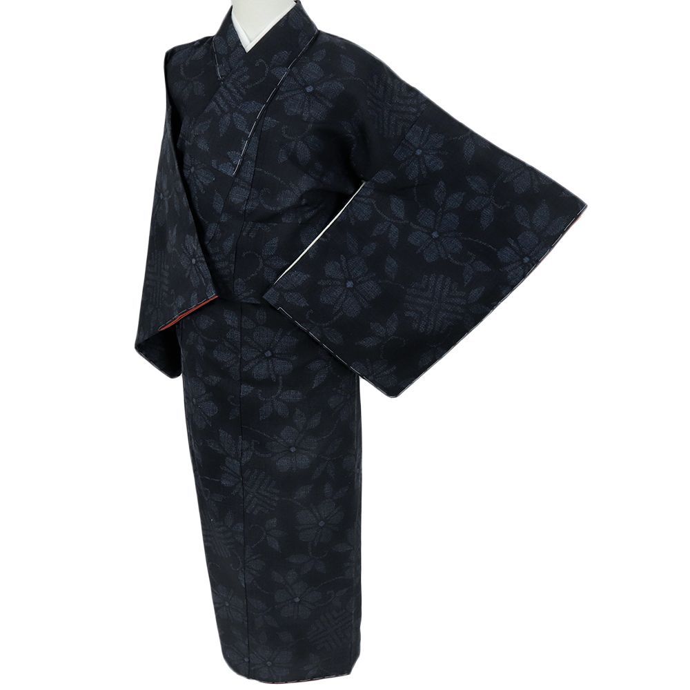 結城紬 100亀甲 紺 正絹 中古 着物 仕立て上がり リサイクル お洒落