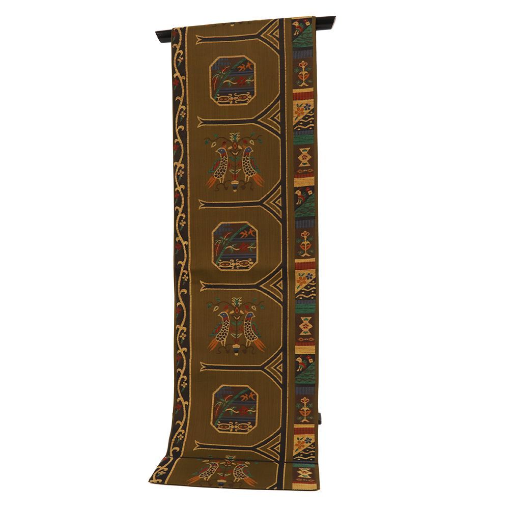  袋帯 正絹 茶 花 鳥 個性的 リサイクル 帯 カジュアル 着物 仕立て上がり No.i 6-2510 袋帯 帯