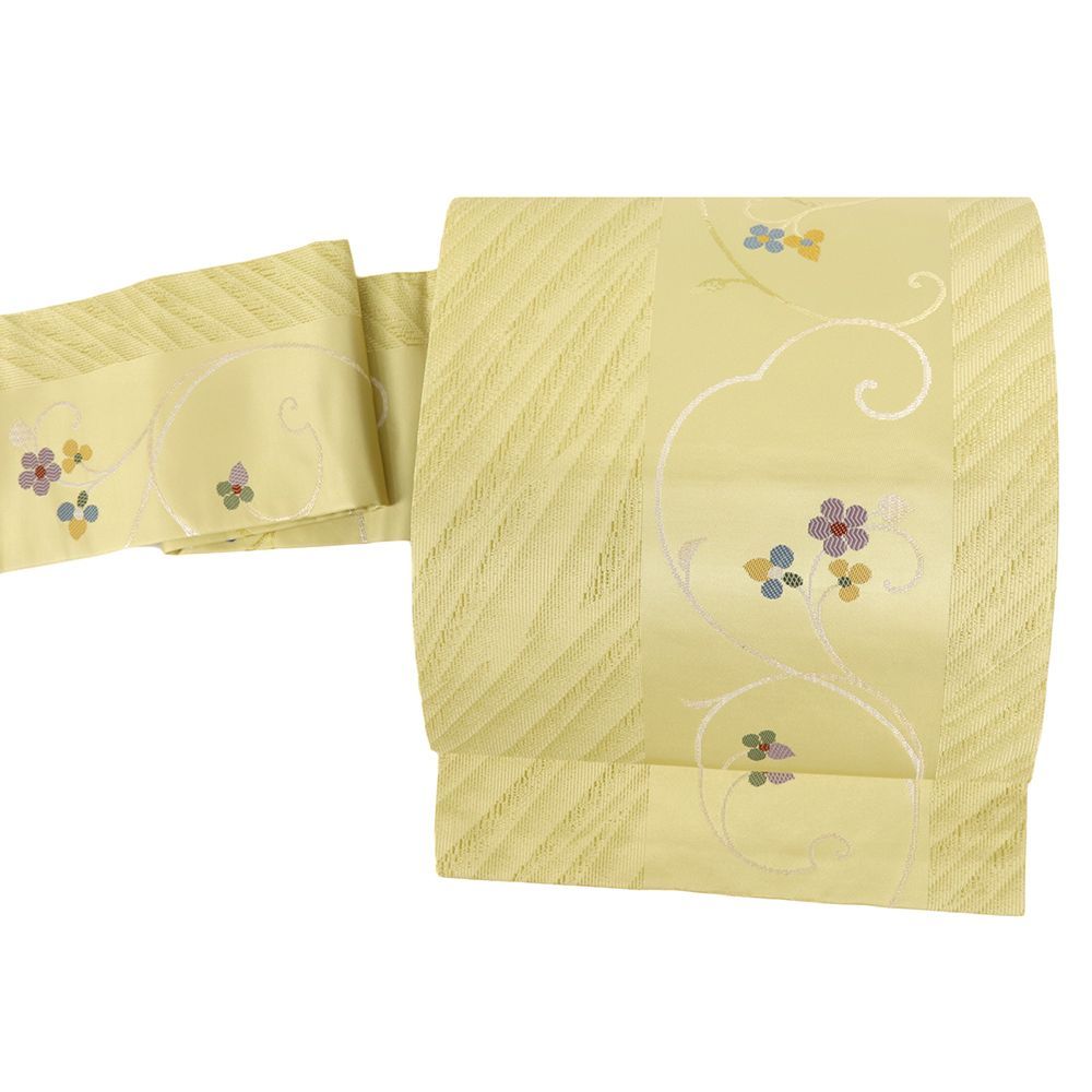 名古屋帯 中古 正絹 黄色 花唐草 唐織 リサイクル カジュアル お洒落