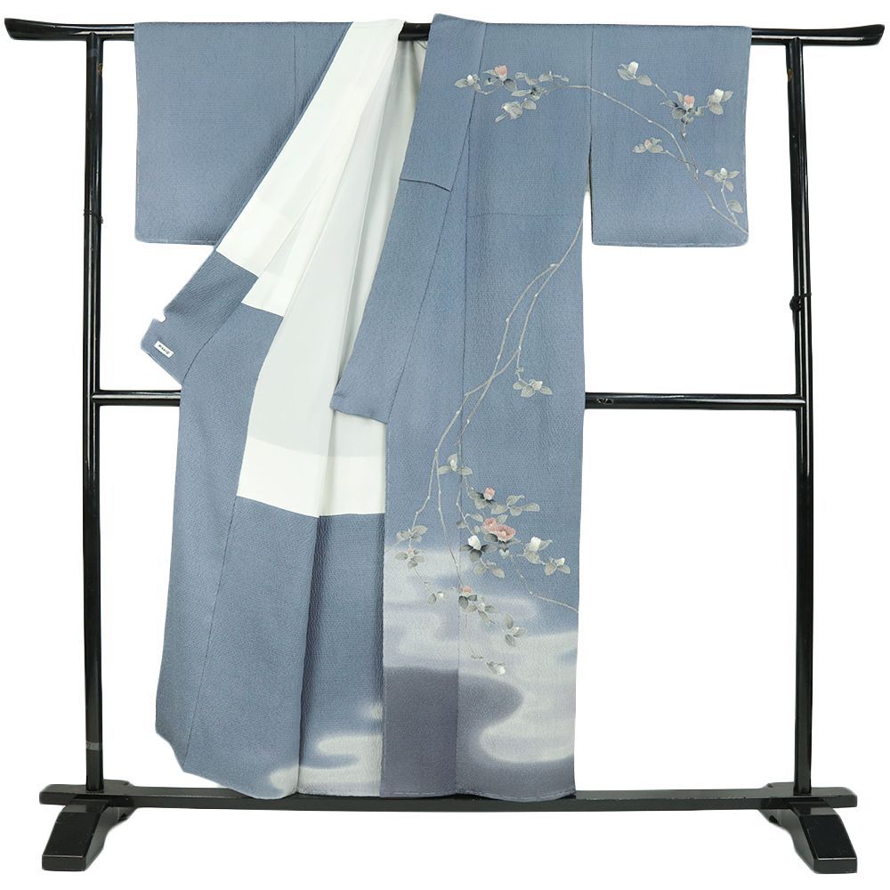 訪問着 正絹 スモークブルー 椿 十日町友禅 関口遼一 絞り 身丈159.5 cm 裄64 Mサイズ 仕立て上がり セミフォーマル No.i 3-0966