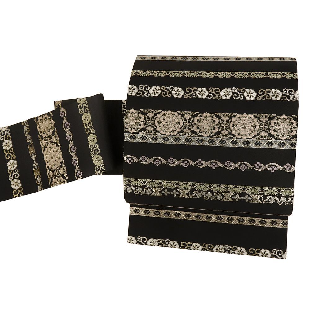 名古屋帯 正絹 黒 花唐草 華文 カジュアル お洒落 仕立て上がり 九寸 No.i 6-2526