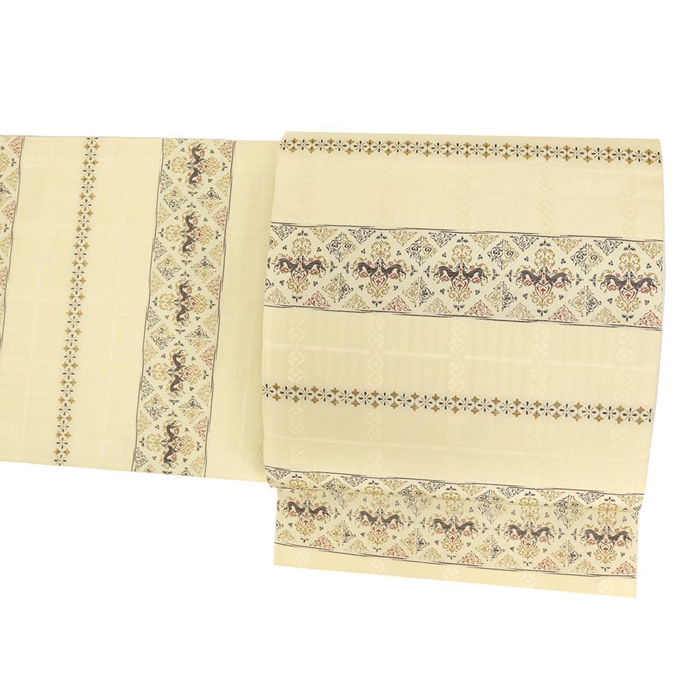 袋帯 正絹 新古品 西陣織 全通 ベージュ エジプト 壁画 動物